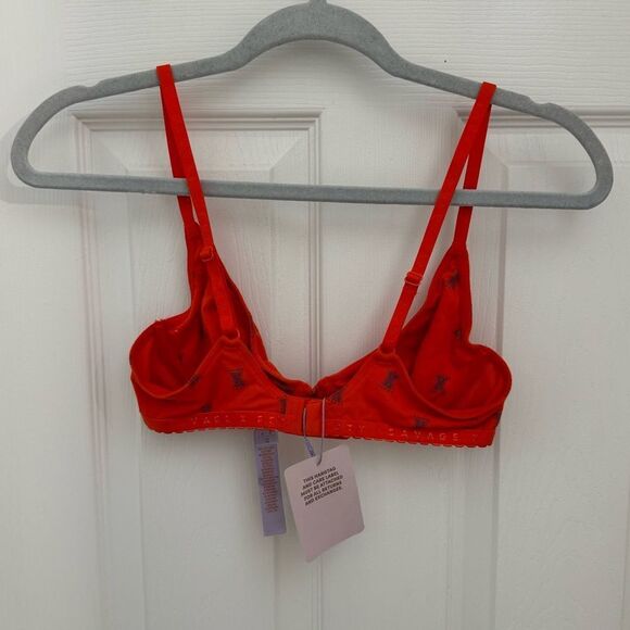NWT Savage X Fenty Cotton Jersey Unlined Bra Size 34A  Orange Red Logo - Picture 2 of 3
